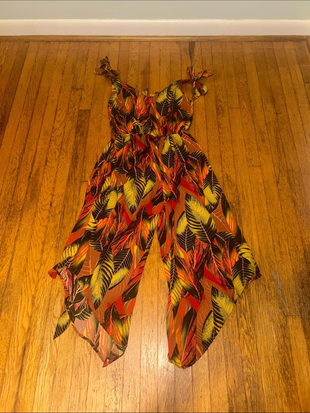 Tropical Leaf Print Wide-Leg Jumpsuit - Red & Yellow